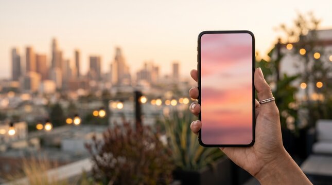 Sunset gradient phone screen mockup in hand on a city rooftop terrace at dusk