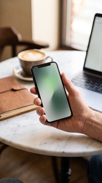 Green gradient phone screen mockup in hand at a cafe laptop remote workspace