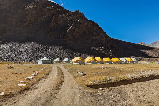 Tent camp in Himalayas along Manali-Leh road in Sarchu, Ladakh, India