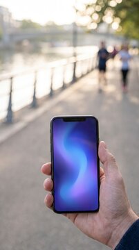 Blue gradient phone screen mockup in hand along a riverside jogging path outdoors