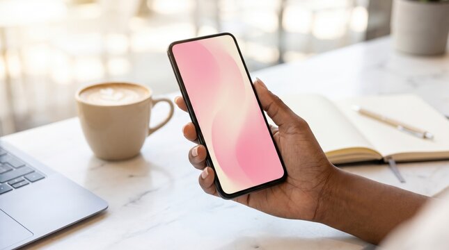 Pink gradient phone screen mockup in hand at a marble cafe workspace with coffee