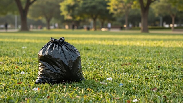 A black trash bag filled with plastic waste sits on grassy park ground, surrounded by scattered litter and trees under sunlight.
