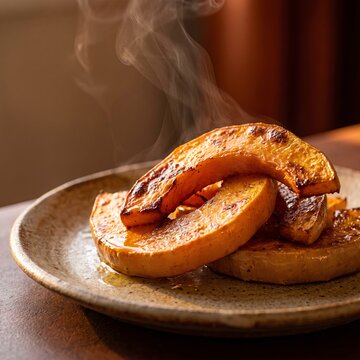 A steaming plate of roasted pumpkin slices with a glossy caramelized glaze on rustic ceramic