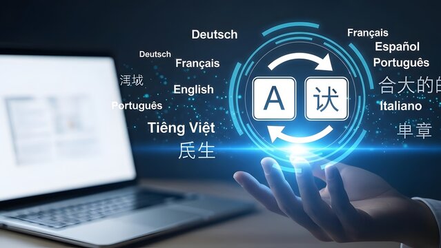 Hand interacting with a virtual language translation interface showing multiple global languages.