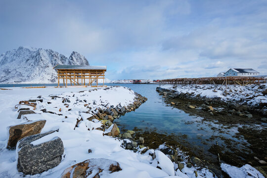 Drying flakes for stockfish cod fish in fjord in winter with snow. Sakrisoy coastal fishing village, Lofoten islands, Norway