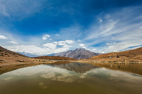 A dhankar lake in Himalayas. Spiti valley, Himachal Pradesh, India