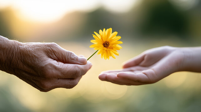Elderly hand gently passing a bright yellow flower to a younger person's hand with a soft natural blurred background.