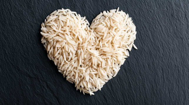 Uncooked white basmati rice grains shaped into a heart form placed on a dark slate surface.