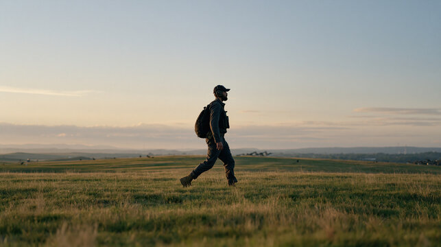 A ballistics testing engineer in full outdoor safety gear walks a wide grassy testing range at dawn, the establishing shot capturing the vast open landscape, a lone professional navigating the moder