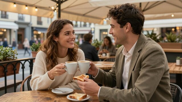 A smiling couple enjoys coffee and toasted bread together on a sunny terrace, sharing warmth and conversation in a cozy urban setting.