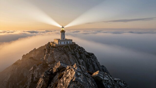 A majestic lighthouse perched atop a rugged cliff, casting beams through golden morning mist over endless clouds.