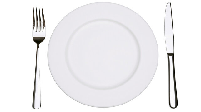 White ceramic plate with fork and knife, isolated on transparent background