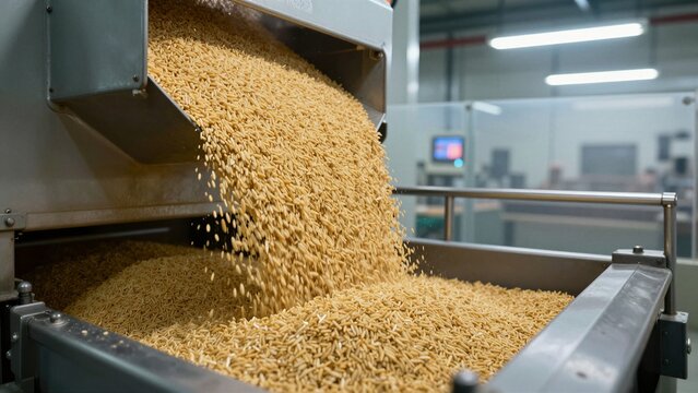 Stream of uncooked rice grains falling from industrial machinery into a collection bin inside a modern food processing facility.
