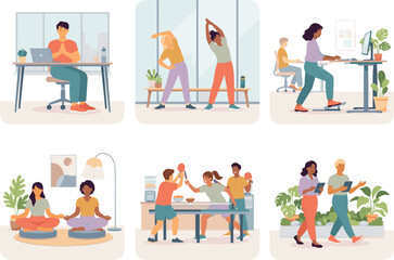 Fototapeta premium Office employees wellness and work activities. Corporate staff exercising and working.