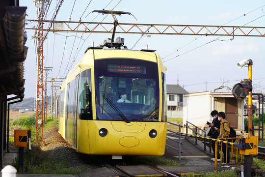 A Fukui Railway FUKURAM low-floor tram at a station on April 2, 2021 in Fukui, Japan.