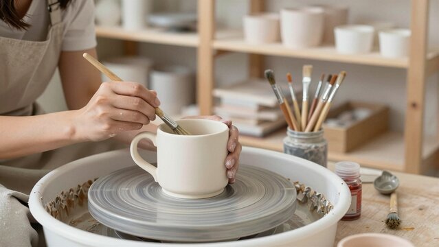 A ceramic artist carefully brushes glaze onto a handmade mug while it spins on a pottery wheel in a well-lit studio.