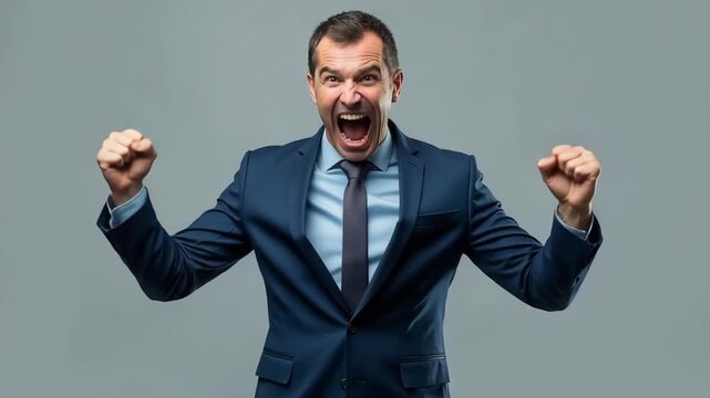 shot of business mature man chief celebrating new startup investment raising fists yelling loud exciting news formalwear blazer shirt blue suit isolated grey color background fashion editor.