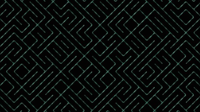 A looping geometric pattern featuring glowing teal lines forming an endless labyrinth design on a black background.