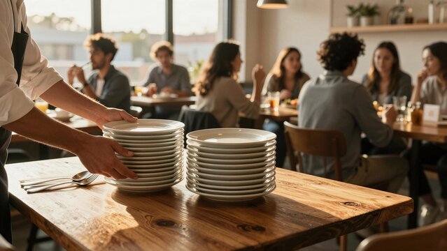 A waiter carries stacks of clean white plates across a wooden table while diners enjoy meals in a bright, modern restaurant setting.
