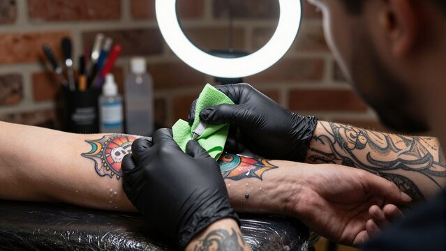 A tattoo artist carefully wipes excess ink off a freshly tattooed forearm using a green cloth under bright ring light.