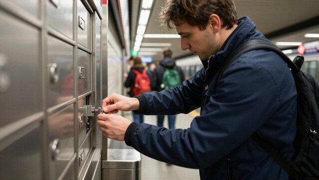 A commuter unlocks a metal locker in a busy underground station to retrieve stored money, surrounded by other travelers and bright fluorescent lights.
