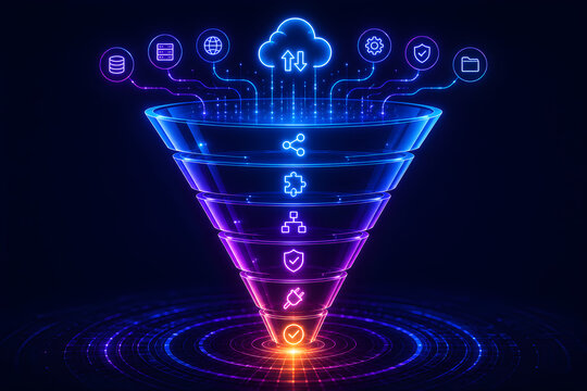 AI digital data flow funnel with cloud integration workflow automation and secure data processing
