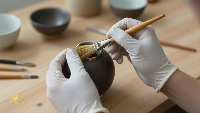 A craftsman applies gold lacquer to repair a broken ceramic bowl using traditional Japanese kintsugi technique.
