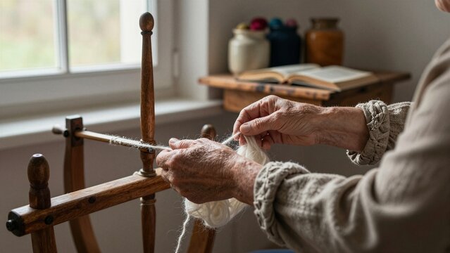 An elderly person spins raw wool using a traditional wooden spinning wheel near a sunlit window with books and jars in background.