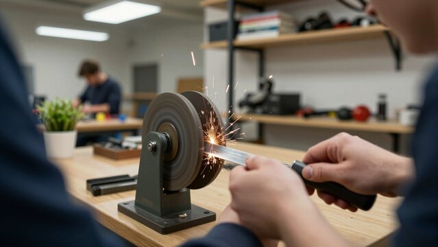A person carefully sharpens a skate blade on a grinding wheel, sparks flying as metal meets stone in a workshop setting.