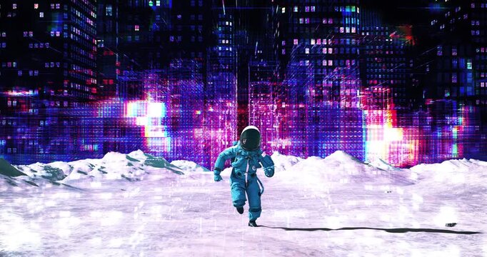 Astronaut in spacesuit running on futuristic planet surface with neon skyscraper city. Abstract Digital Space City Concept.