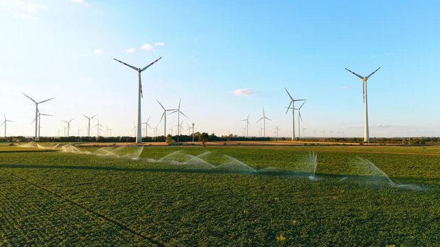 Two wind turbines rising above green farmland. Sprinklers water crop rows in the foreground while additional turbines stretch across the clear sky.