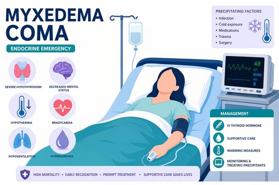 Myxedema Coma Endocrine Emergency Hypothyroidism and Intensive Care Infographic