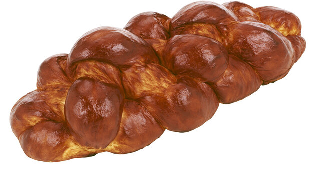 Golden brown braided challah bread loaf, isolated on transparent background