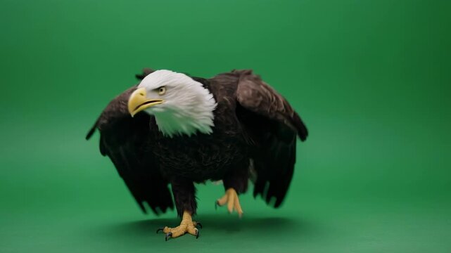 Bald eagle standing on green screen with subtle head movement captured in cinematic motion