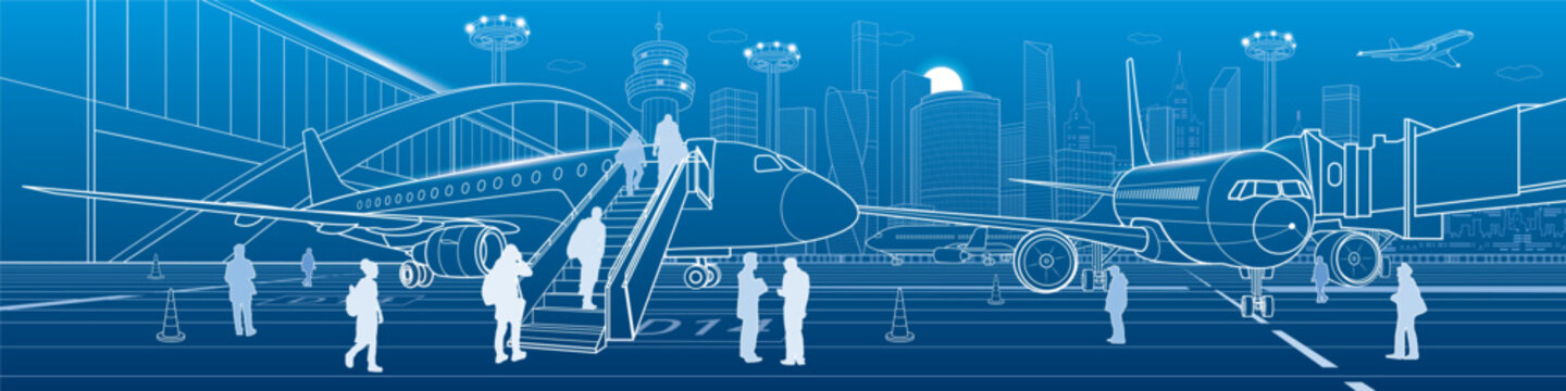 Modern international airport panorama with passenger airplanes, boarding stairs, travelers, terminal bridge, futuristic skyline and air traffic. Blue line vector illustration.