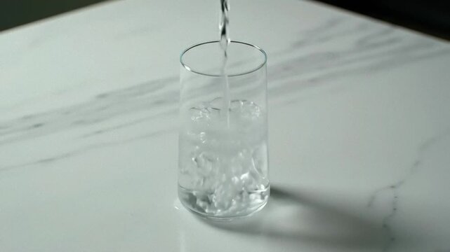 Water pouring into iced glass on marble, shadow background; refreshment