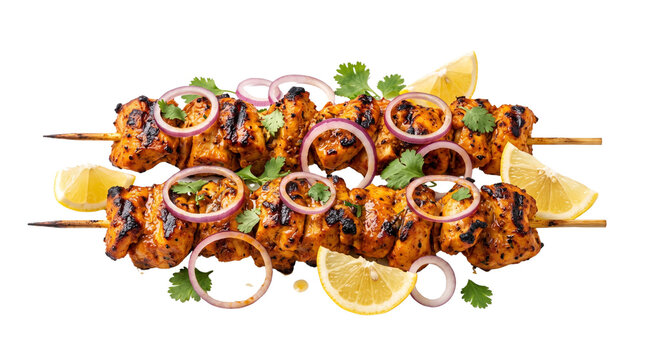 Grilled chicken skewers with lemon and red onion, roasted poultry kabobs on wooden sticks, mediterranean barbecue meat isolated on white