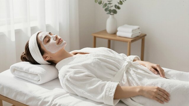 A serene woman receives a facial mask treatment in a minimalist spa setting with soft natural light and calming decor.