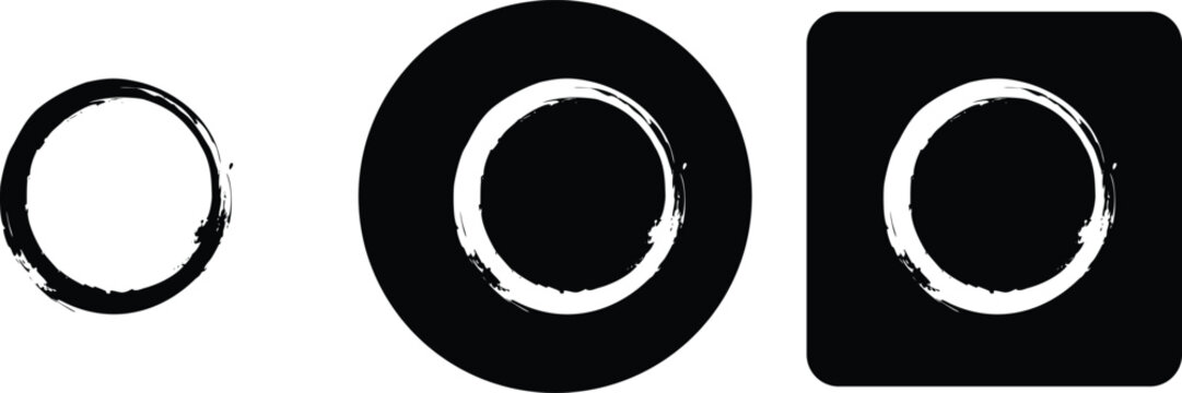 A set of three circular featuring a white circle with a textured border on transparent, solid black, and rounded square backgrounds