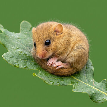 A small hazel dormouse rests peacefully upon a vibrant green wet oak leaf during the daytime in a forest environment showing the natural behavior of this tiny rodent while hiding among forest