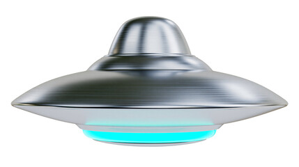 Brushed metal flying saucer with glowing blue lights, isolated on transparent background © Elena