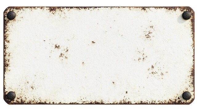 Rectangular blank white metal sign with rusty edges and black rivets, isolated on transparent background