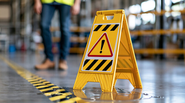 Depiction of workplace slip and fall accident scenario with wet floor warning sign, personal injury claim concept, defocused industrial background, with copy space