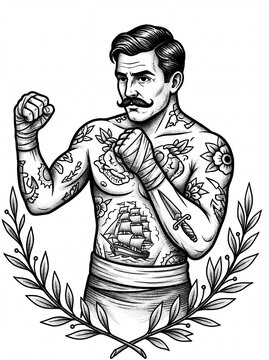 Black and white illustration of a tattooed vintage boxer with a mustache and bandaged fists in a fighting stance, surrounded by a decorative laurel frame.