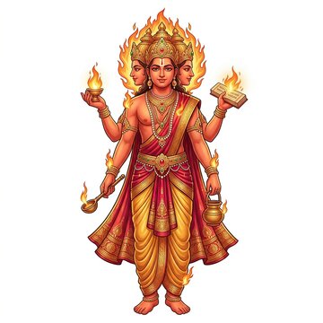 Lord Agni Hindu fire god illustration with multiple faces and arms holding sacred objects on white background
