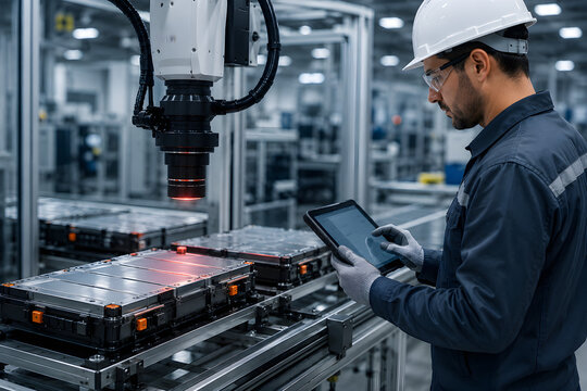 Industrial engineer inspecting automated battery production line with robotic quality control system