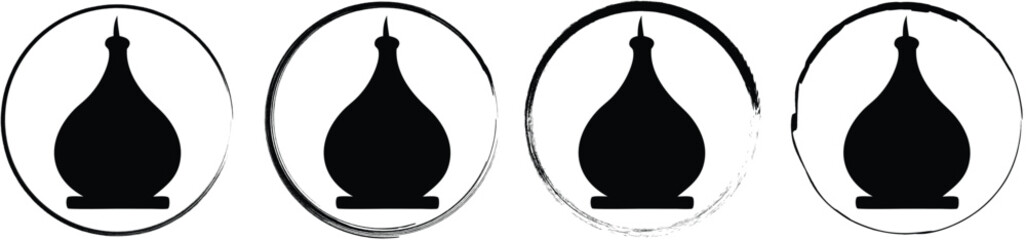 Four circular displaying a black silhouette of a traditional onion dome shaped building structure on a clean white background © SilhouetteStore