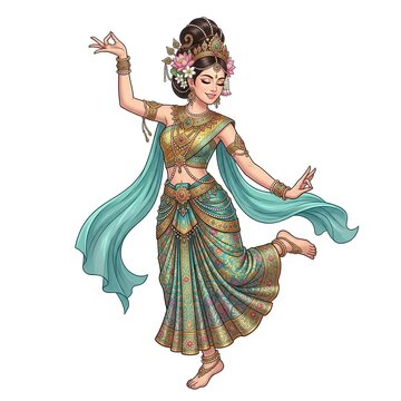 Elegant illustration of a celestial Apsara dancing in traditional ornate attire isolated on a white background