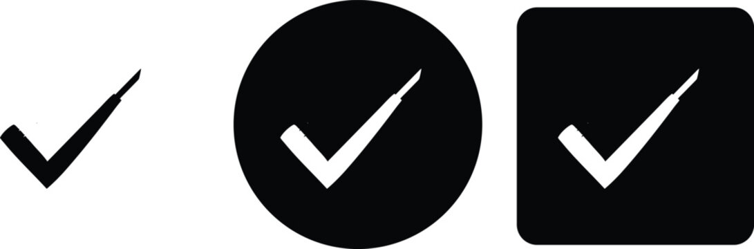 Collection of three check mark with a sharp angular brush stroke style in black and white for digital interface and web