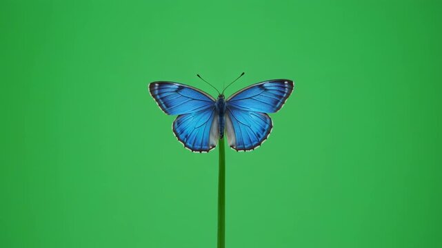 Blue Morpho Butterfly opening and closing wings on green screen during macro shot with soft light